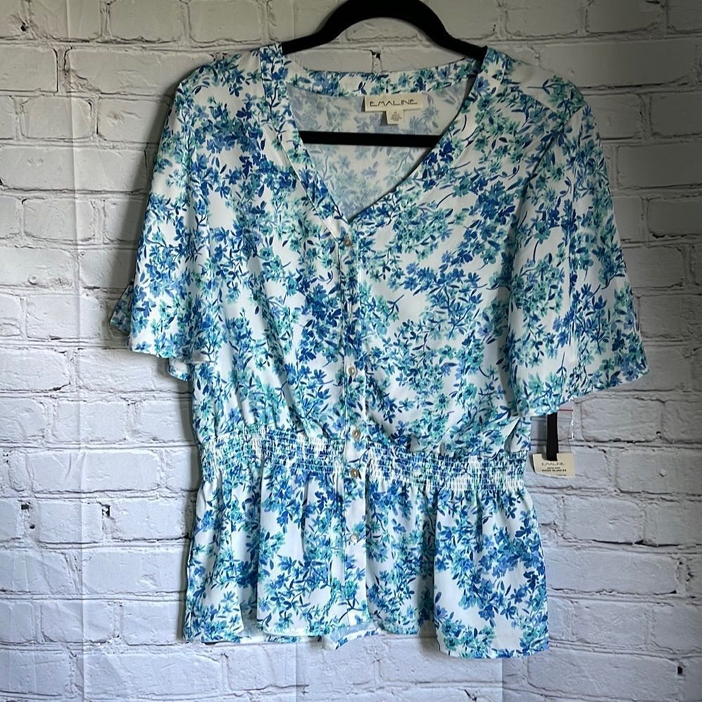 NWT Emaline Blue & White Short Bell Sleeves Boho Top Blouse Size M